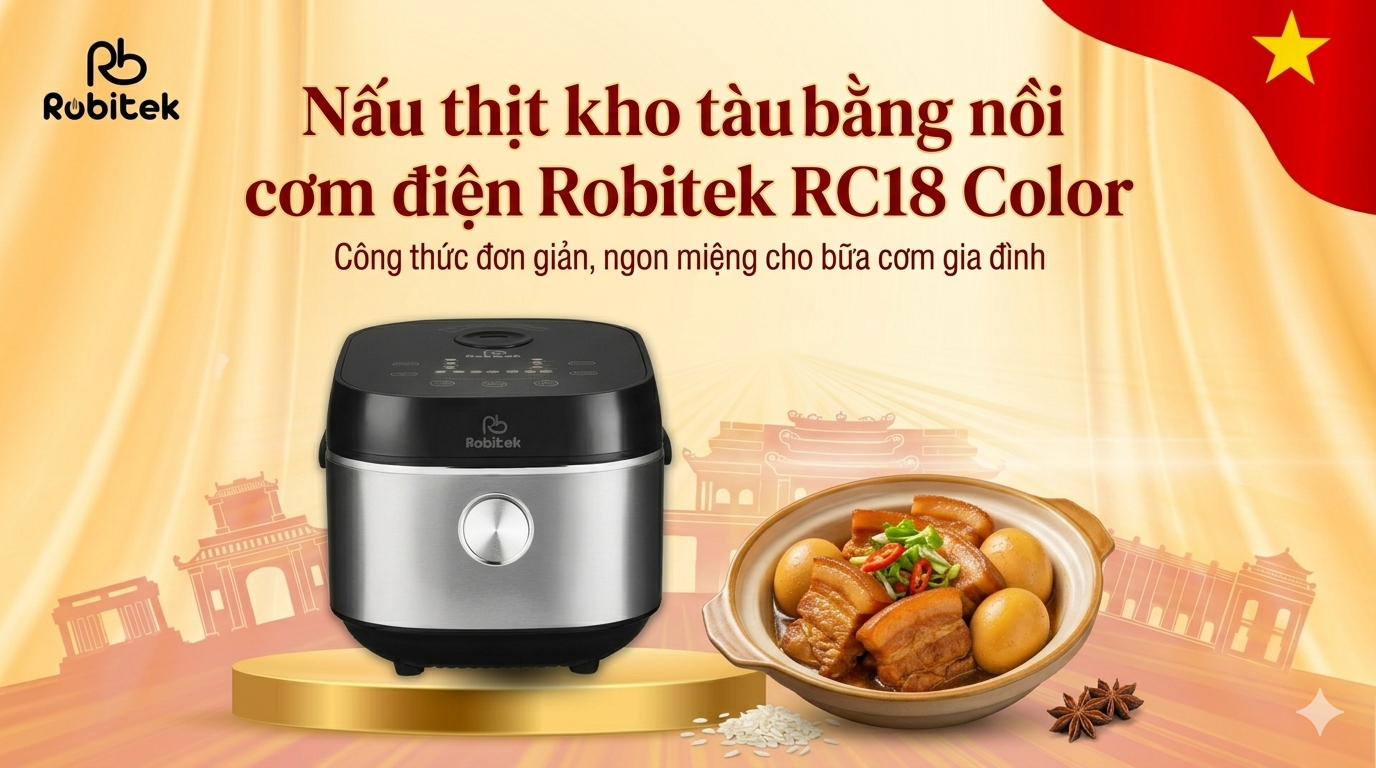 Nấu thịt kho tàu bằng nồi cơm điện Robitek RC18 Color&nbsp;